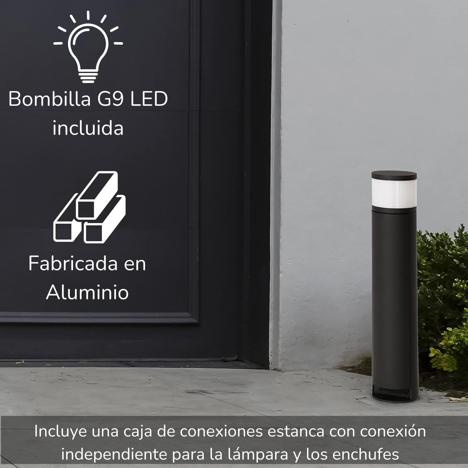 Baliza con enchufe LUA antracita G9 Led 3000K exterior IP44 (H.47,8cm). Ideal para colocar en zonas de paso, entrada a garajes o patios.