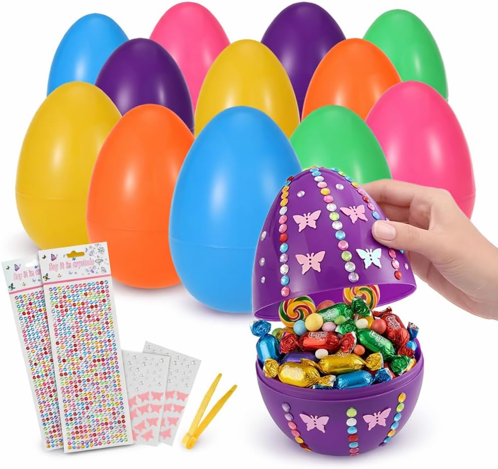Festicy XXL Fillable Plastic Easter Eggs with Stickers | 12-Pack Large 3.9 x 5.9 in | Colorful Decorative Eggs for Indoor and Outdoor Décor & Egg Hunts