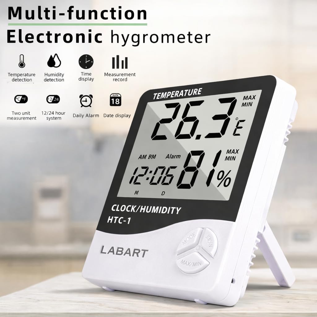 HTC-1 Digital Hygrometer Thermometer with LCD Display, Humidity and Temperature Meter with Clock and Calibration Certificate 3