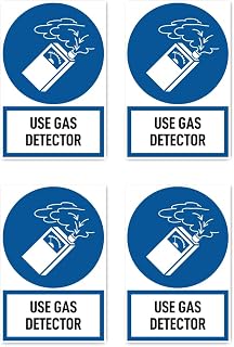 Pegatinas: 112,5 x 75 mm, 4 unidades – utilizar detector de gas – Idioma: inglés – símbolo de obligación con texto (azul/blanco) – alto – M048 – DIN EN ISO 7010