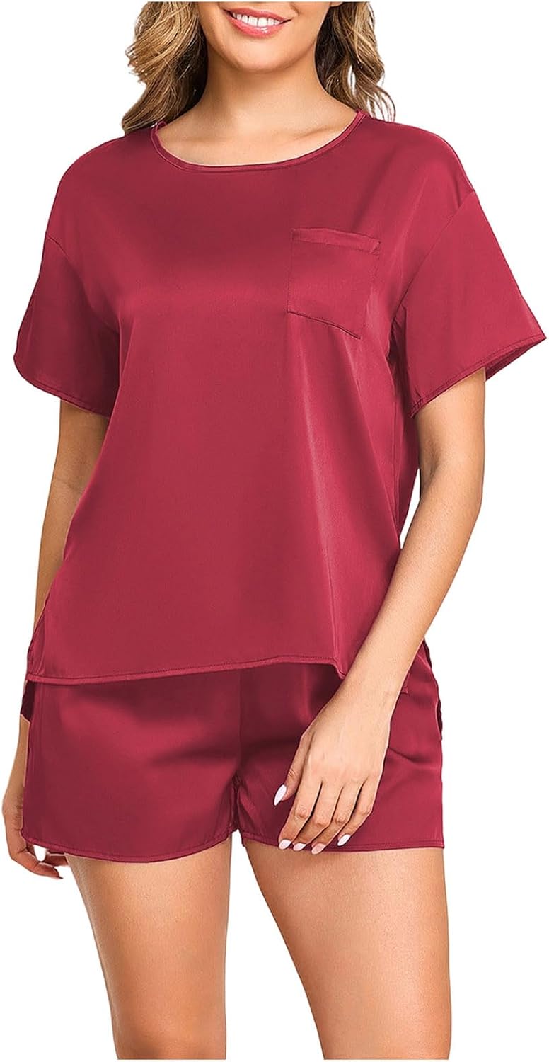 Womens Round Neck Pajama Set Short Sleeve Top Solid Color Shorts Sleepwear Soft Breathable Lounge Wear Pjs Outfits