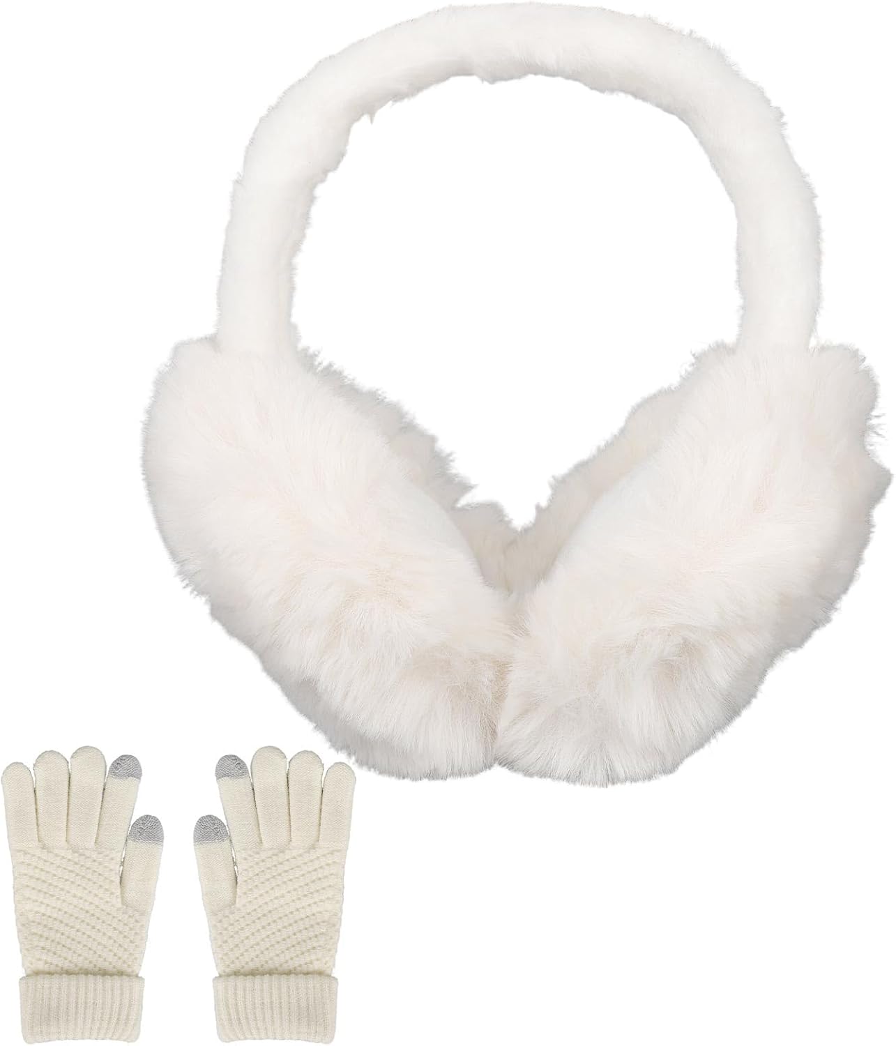 Mikovivi Ear Muffs Gloves for Women, Winter Foldable Cream Earmuffs Plush Fluffy Warm Fur Ear Warmers Cover for Women Outdoor Winter Cold Weather Accessories Supplies (White)