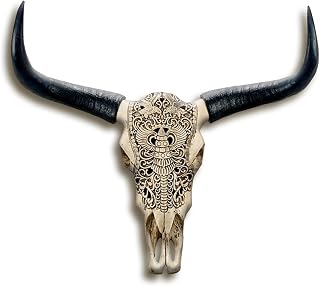 KIWZZXXKW Cow Skull Wall Decor, Longhorn Wall Decor Wall with Carved Details, Hand-Carved Authentic Taxidermy Cow Skull/Longhorn Decor Animal Boho Style Wall Sculpture27*26 * 10inch(White)