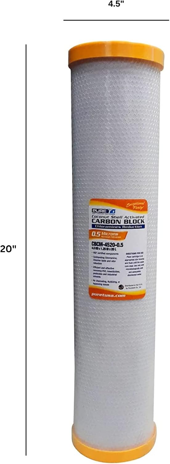 PureT CBCM-4520-0.5, 20x4.5" Chloramine Reduction Water Filter - NSF Certified - Carbon Block Chloramine Reduction Filter (.5 u Micron Rated)