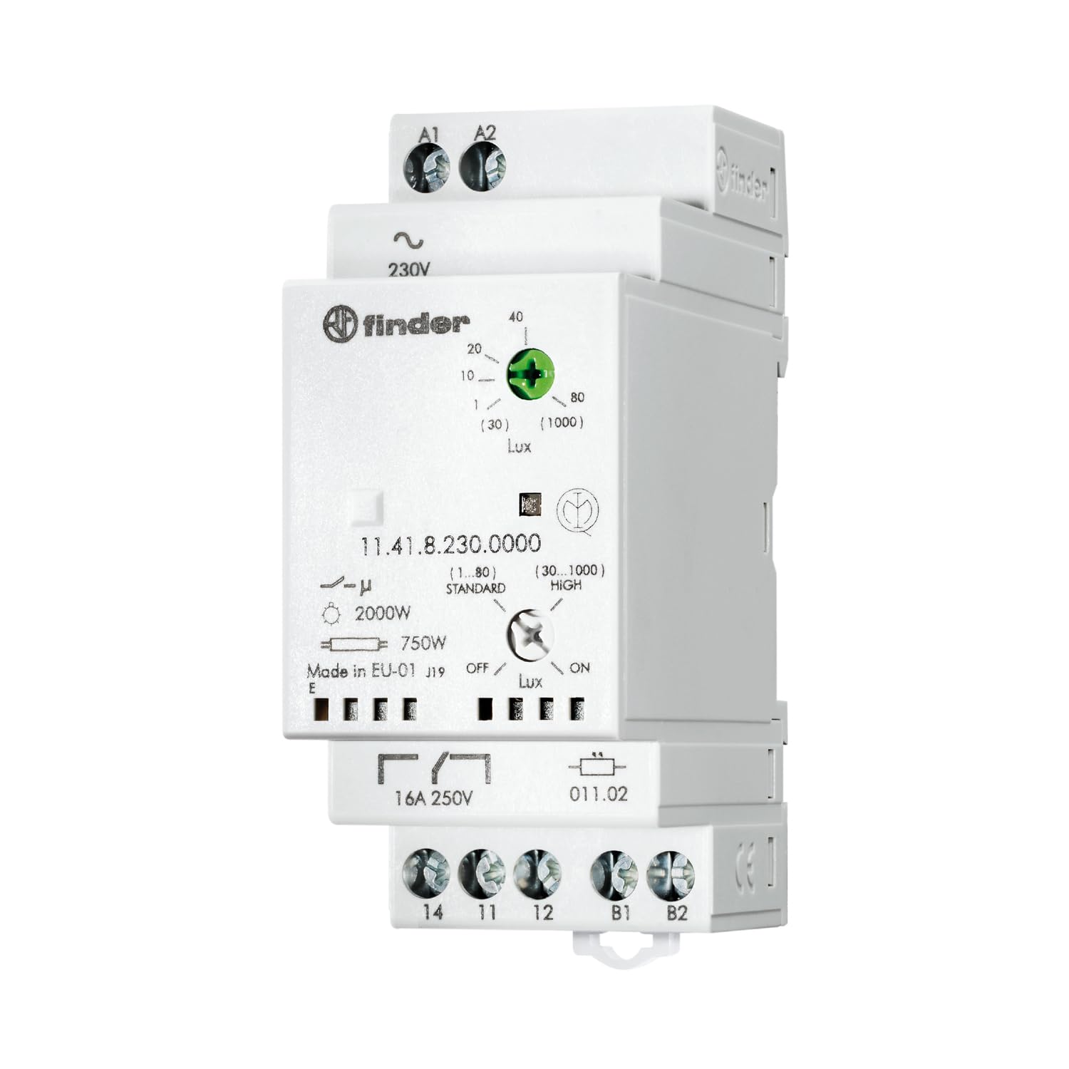Finder Relè Crepuscolare Tipo 11.41 con 1 scambio 16 A per accensione lampade in funzione del livello di luminosità dell’ambiente. Elemento fotosensibile separato