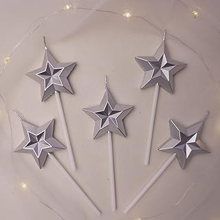 Birthday Candles, 5pcs Silver Birthday Candles for Cake, Star Shaped Sparkler Candles for Birthday Cake, Metallic Color Stereo Shaping Cake Candles Set