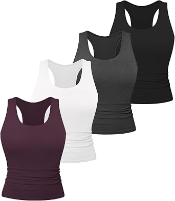 Dalavch 4 Pack Womens Workout Racerback Tank Tops Spandex Yoga Athletic Running Gym Sports Crop Tops for Women 1 Black 1 White 1 Heather Grey 1 Deep Purple X-Large