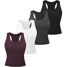 Dalavch 4 Pack Women's Workout Racerback Tank Tops Spandex Yoga Athletic Running Gym Sports Crop Tops for Women No Built-in Bra 1 Black 1 White 1 Heather Grey 1 Deep Purple Large