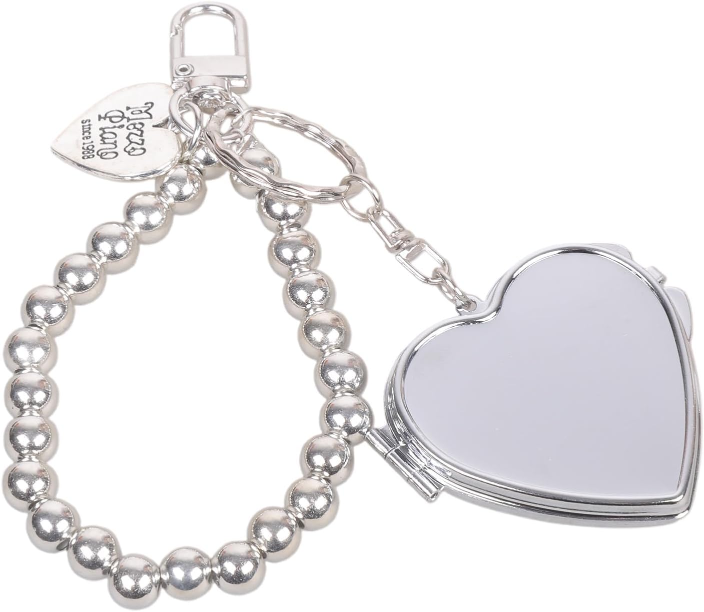Heart Shaped Reflector Keychain with Beaded Chain Makeup Checker Stylish Alloy Jewelry Accessory for Women