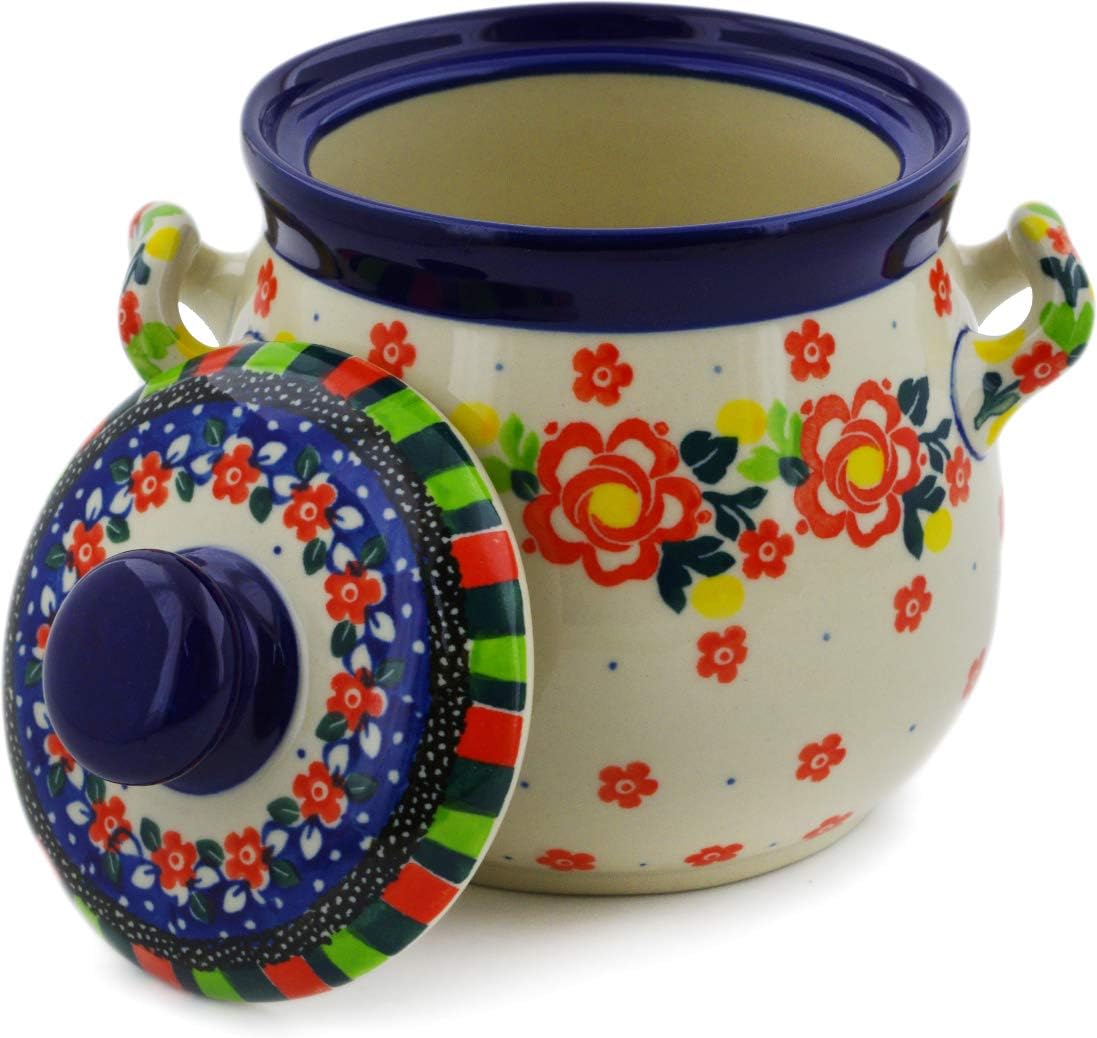 Polmedia Polish Pottery Jar with Lid and Handles UNIKAT - Floral Puzzles Pattern Handmade in Boleslawiec Poland by Ceramika Artystyczna + Certificate of Authenticity
