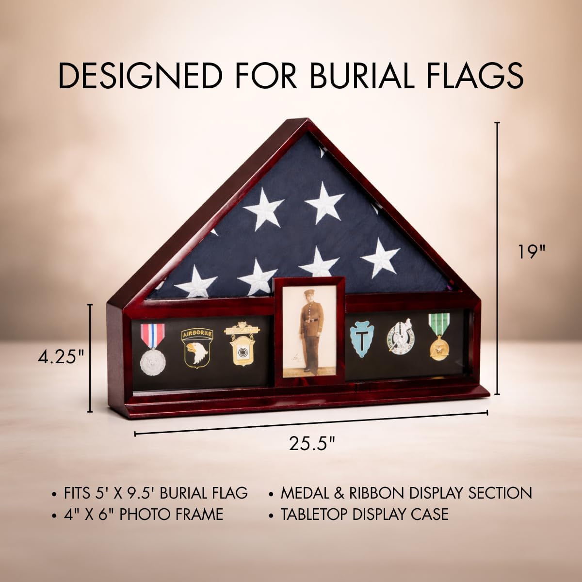 Bey-Berk Custom Personalized American Flag Display Case for 5' x 9.5' Burial Memorial Flag, Military Medal Shadow Box with Glass Front and 4"x 6" Picture Frame (Mahogany)