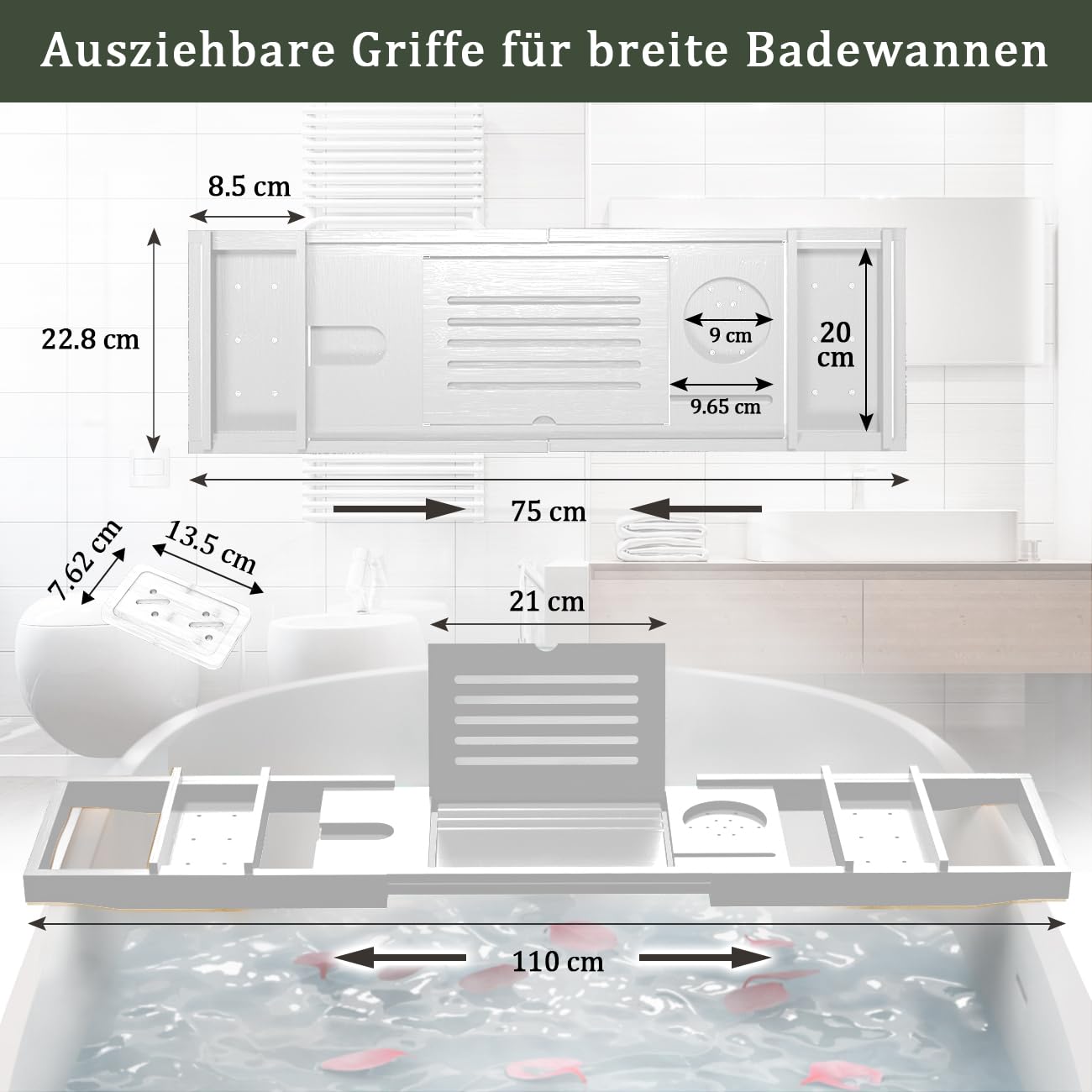 Badewannenablage aus Bambus verstellbares Badewannenbrett Badewannen Ablagen für Ipad und Bücher Badewannentablett mit Getränkehalter, Buchstütze und Weinglas 75-109 * 23 * 4,5cm
