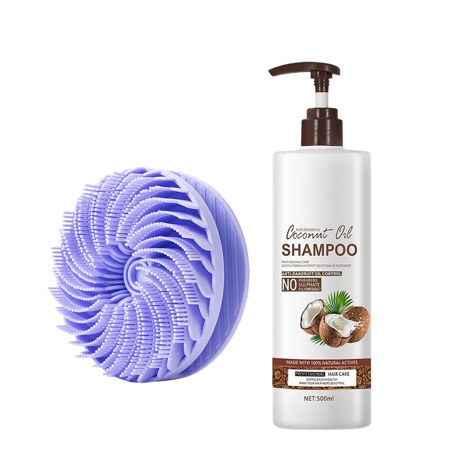 2 Pcs Coconut Shampoo & Brush Set, Moisturizing & Gentle Cleansing for Hair (Purple)