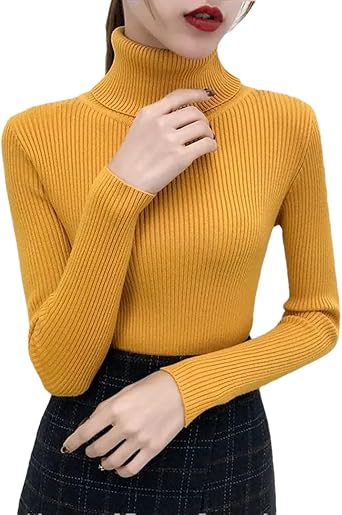 Women Autumn Winter Knitted Jumper Tops Turtleneck Pullovers Sweaters Long Sleeve Tight Sweater Yellow L