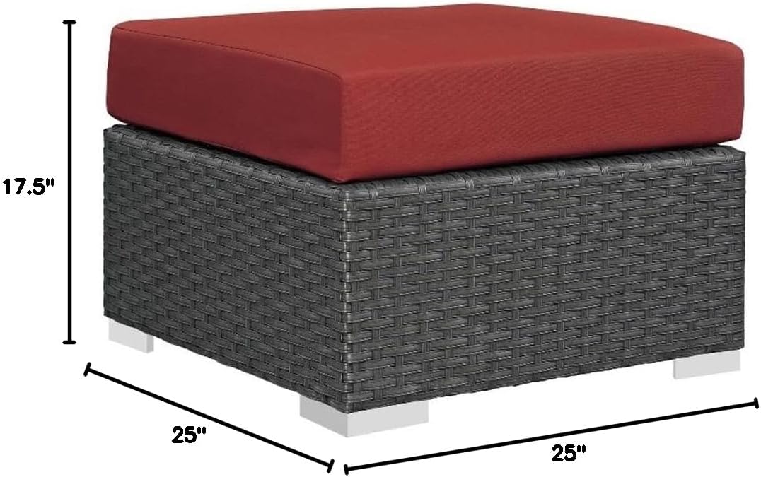 Bowery Hill Contemporary Patio Ottoman, 17.5"H x 25"W x 25"D, Aluminum Frame, Synthetic Rattan, Canvas/Red Finish, UV Resistant, Machine Washable Cushions, Ideal for Outdoor Patio, Backyard, Poolside