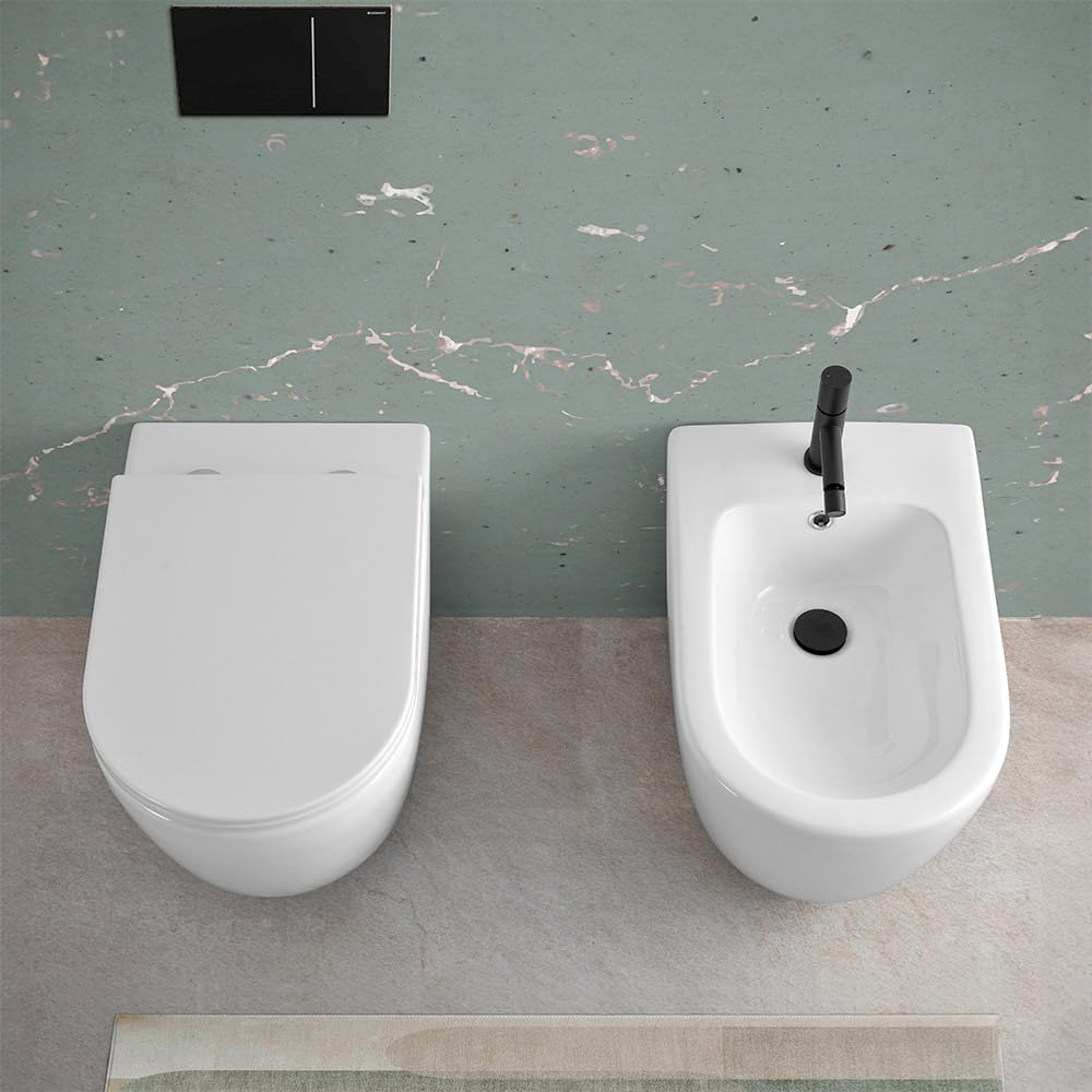 Wc filomuro con risciacquo a vortice e copriwc soft-close, sistema di scarico universale a parete o a terra, serie TAO