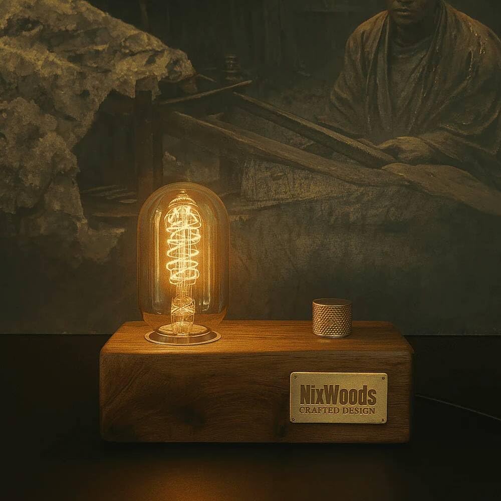 Buy Nix Woods Vintage Edison Table Lamp, Teak Wood Base with Brass