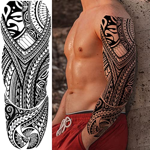 Tribal Totem Temporary Tattoo Sleeve For Men Women, 4-Sheet Full Arm Large Hawaiian Tribal Viking Fake Tattoo Sleeve Adult And 4-Sheet Black Polynesian Turtle Half Temp Tatoo Sticker Leg Makeup Body Art #TOP2