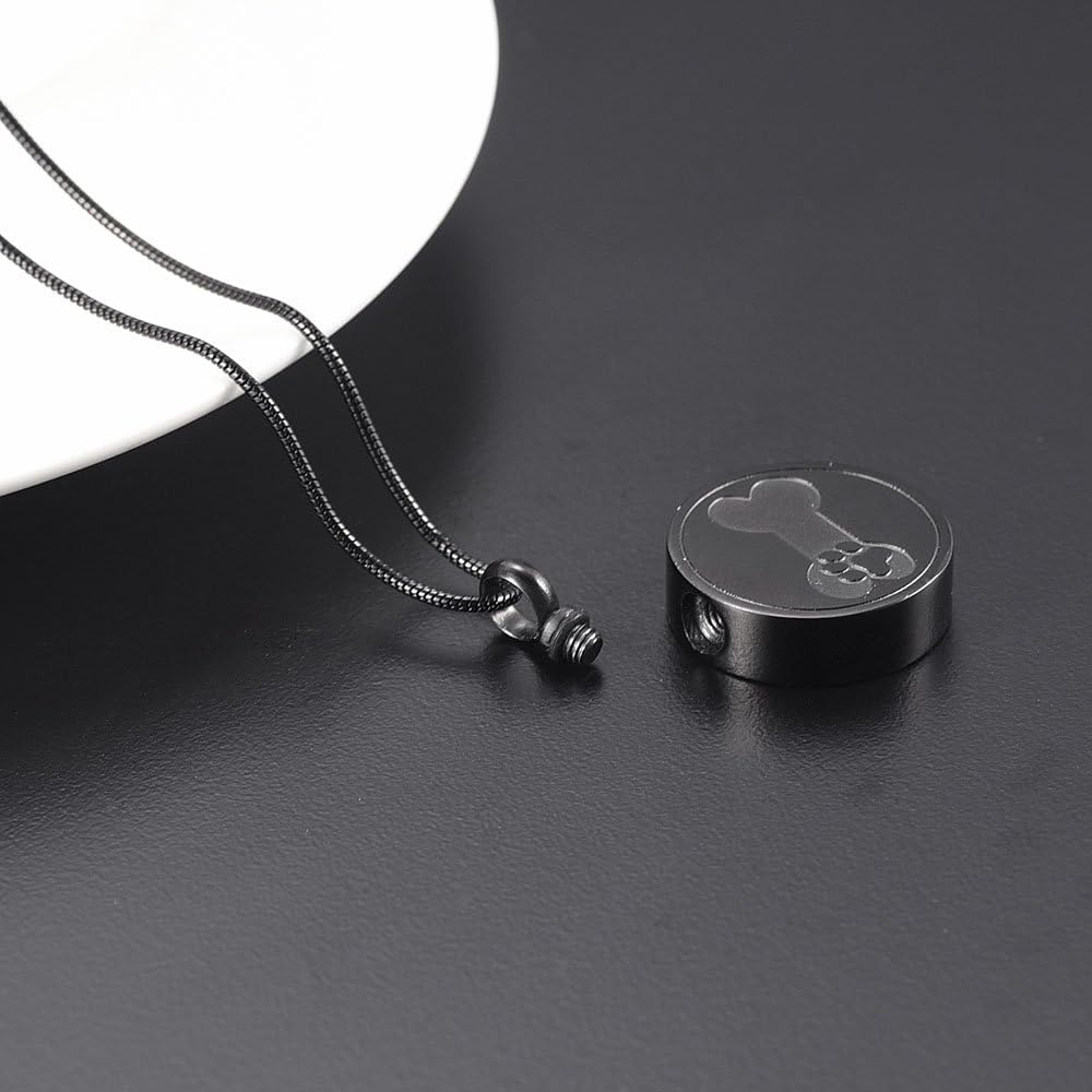 Print Animal Paw Print Dog Bone Memorial Urn Pendant 20mm Round Shape Stainless Steel Pet Cremation Pendant Necklace Black