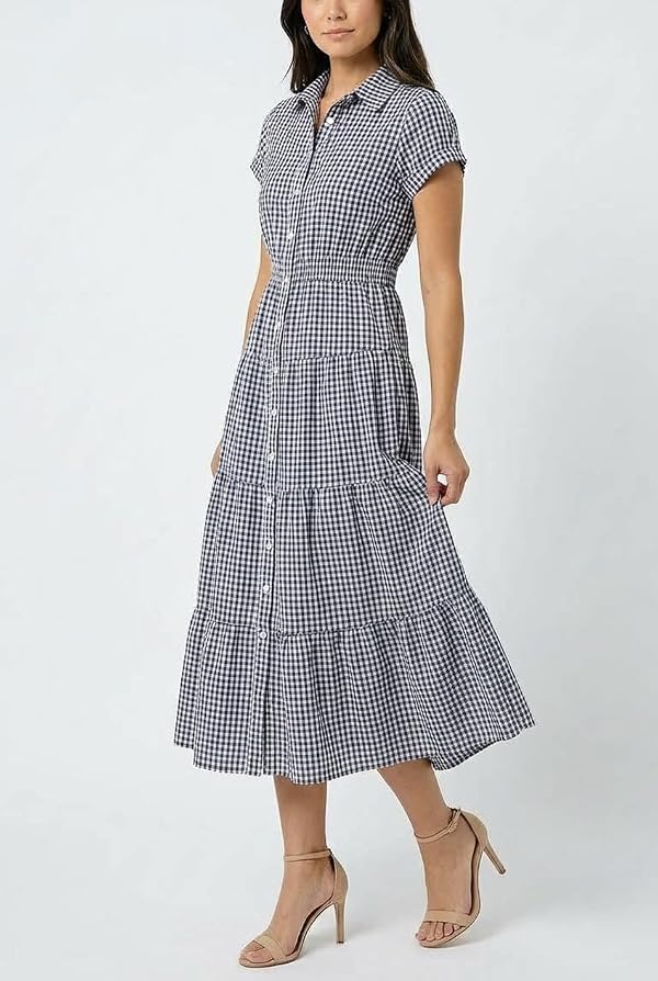 utcoco Womens Gingham Tiered Midi Shirt Dress Smocked Waist Short Sleeve Button Down Plaid Dress (Small, Black) by utcoco - Used condition - Image 3