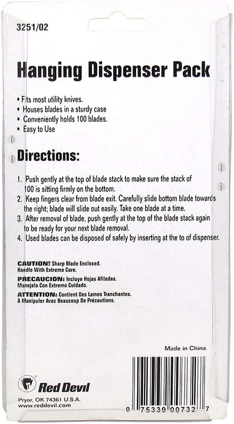Red Devil 325102 100 Pack Hanging Dispenser Utility Knife Blades, Black