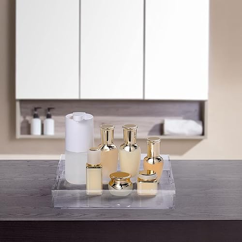 Miniatura 6 de ATOZONE Bandeja otomana de acrílico transparente con asas de 12 x 12 x 2 pulgadas, a prueba de derrames, bandeja organizadora de borde seguro,