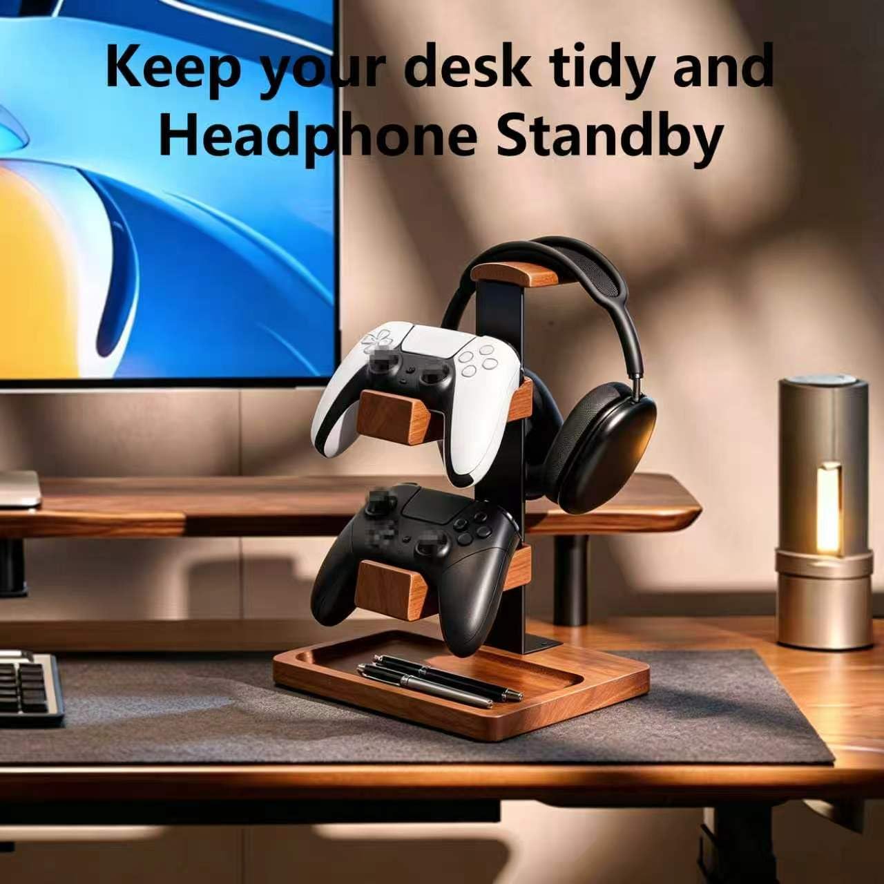 Wood Headphone Stand,Headset Holder with Dual Gaming Controller Holder | Headset Holder for Desk, Headset Stand, Storage Base,Walnut