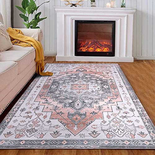 Caromio Vintage Area Rug, Machine Washable Extral Large 9' X 12' Boho Distressed Area Rugs Traditional Chic Carpet Coffee Table Rug Farmhouse Dining Table Rug Office Bedroom Decor, Persian Peach #TOP2