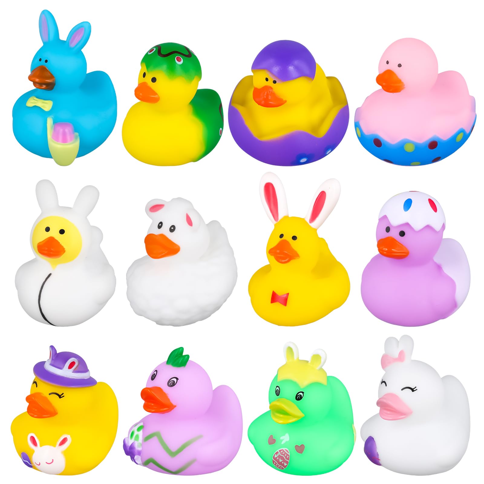 12pcs Easter Rubber Duckies, Novelty Easter Egg Bunny Duckies Colorful Rubber Ducks Assorted Squeeze Ducks for Easter Bath Ducky Toys for Kids Baby Showers Summer Beach Party Favors