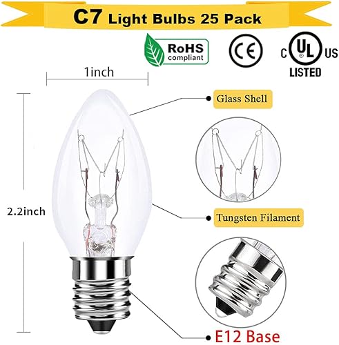 Miniatura 2 de Bombillas C7 C7 de Navidad, paquete de 25 bombillas C7 de repuesto C7 de 5 W, bombillas de luz nocturna C7, bombillas C7, base de candelabro C7E12