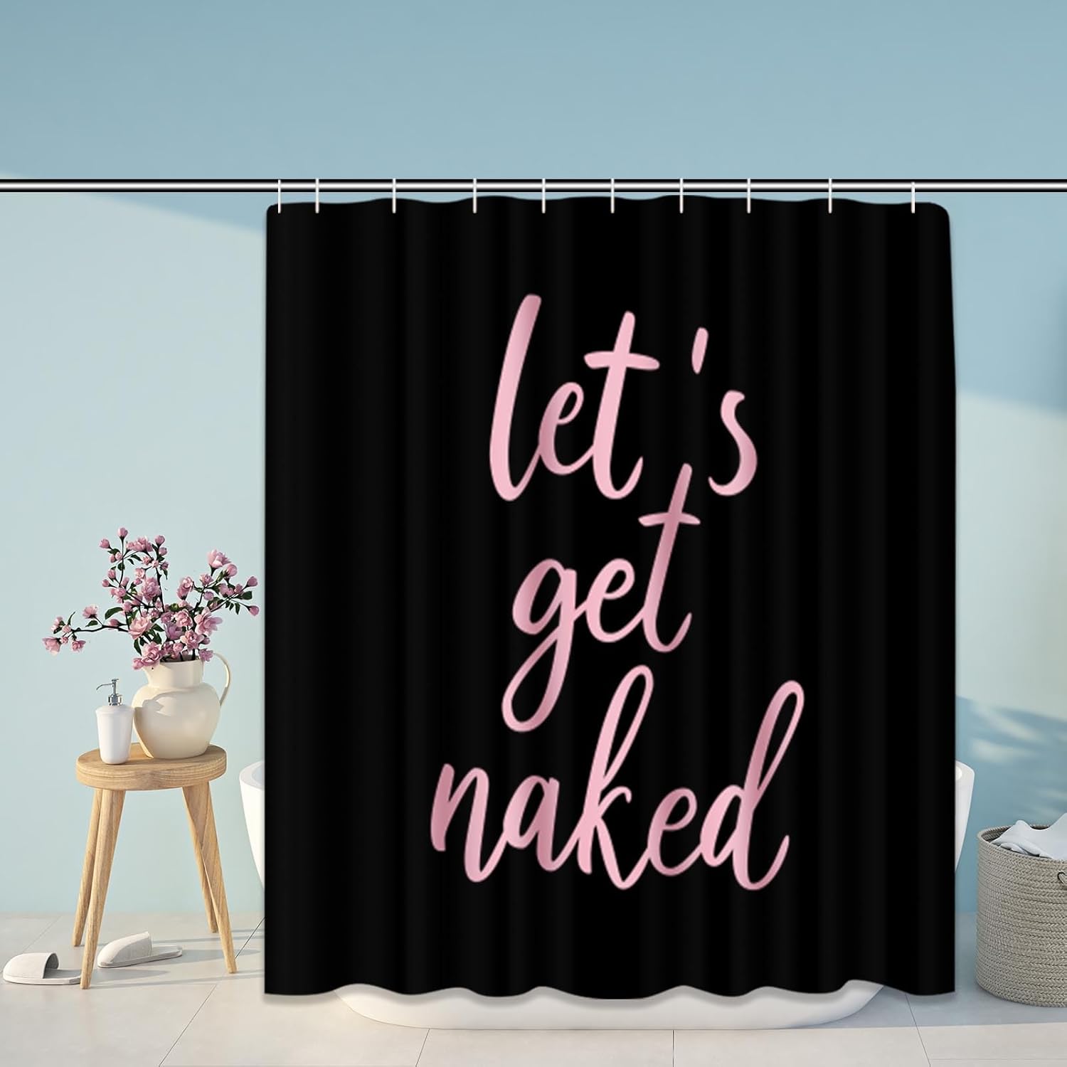 ArtSocket 4PC Pink Let's Get Naked Shower Curtain Sets Black Bathroom Decor with Rugs, Non-Slip Rug,Toilet Lid Cover, Bath Mat and 12 Hooks 72x72 inches