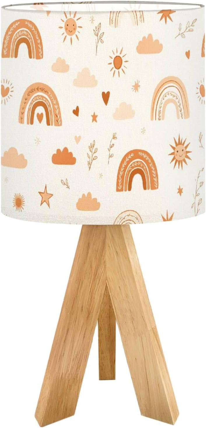 Tripod Bedside Desk Table Lamp Cute Boho Rainbow Seamless Sun Hearts Stars Terracotta Brown Peach for Wood Nightstand Lamp with Linen Fabric Shade for Nursery Bedroom Living Room Kids Room