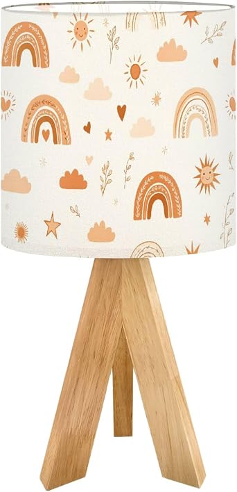 Tripod Bedside Desk Table Lamp Cute Boho Rainbow Seamless Sun Hearts Stars Terracotta Brown Peach for Wood Nightstand Lamp with Linen Fabric Shade for Nursery Bedroom Living Room Kids Room