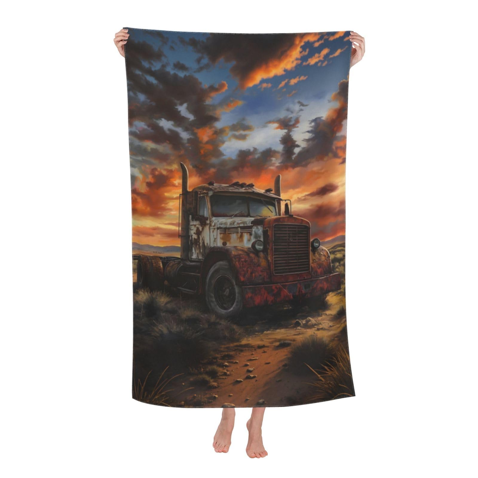 HLBSDM Rustic Sunset Truck Beach Towel 31inx51in Vintage Truck Sand Free Microfiber Bath Towel Ultra Soft Quick Dry Pool Towel Absorbent Towel Lightweight Towel for Swimming Bathroom Decor