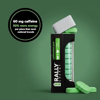 Rally Energy Caffeine Gum, Sugarless Gum with 60 mg of Caffeine for Fast-Acting Energy, Stay Alert, Long-Lasting, Variety Pack, Peppermint Flavor (6 Pack, 66 Pieces)