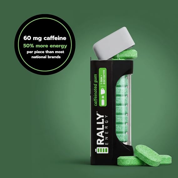 Rally Energy Caffeine Gum, Sugarless Gum with 60 mg of Caffeine for Fast-Acting Energy, Stay Alert, Long-Lasting, Variety Pack, Peppermint Flavor (6 Pack, 66 Pieces)