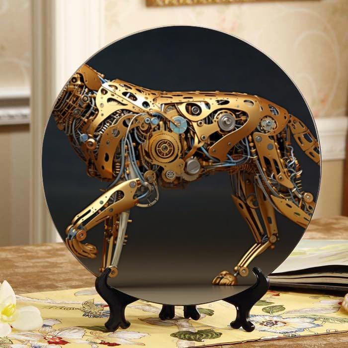 Mechanical Cheetah 10-inch Ceramic Plate for Wall Display or Tabletop, with Stand & Hook DP-282785365