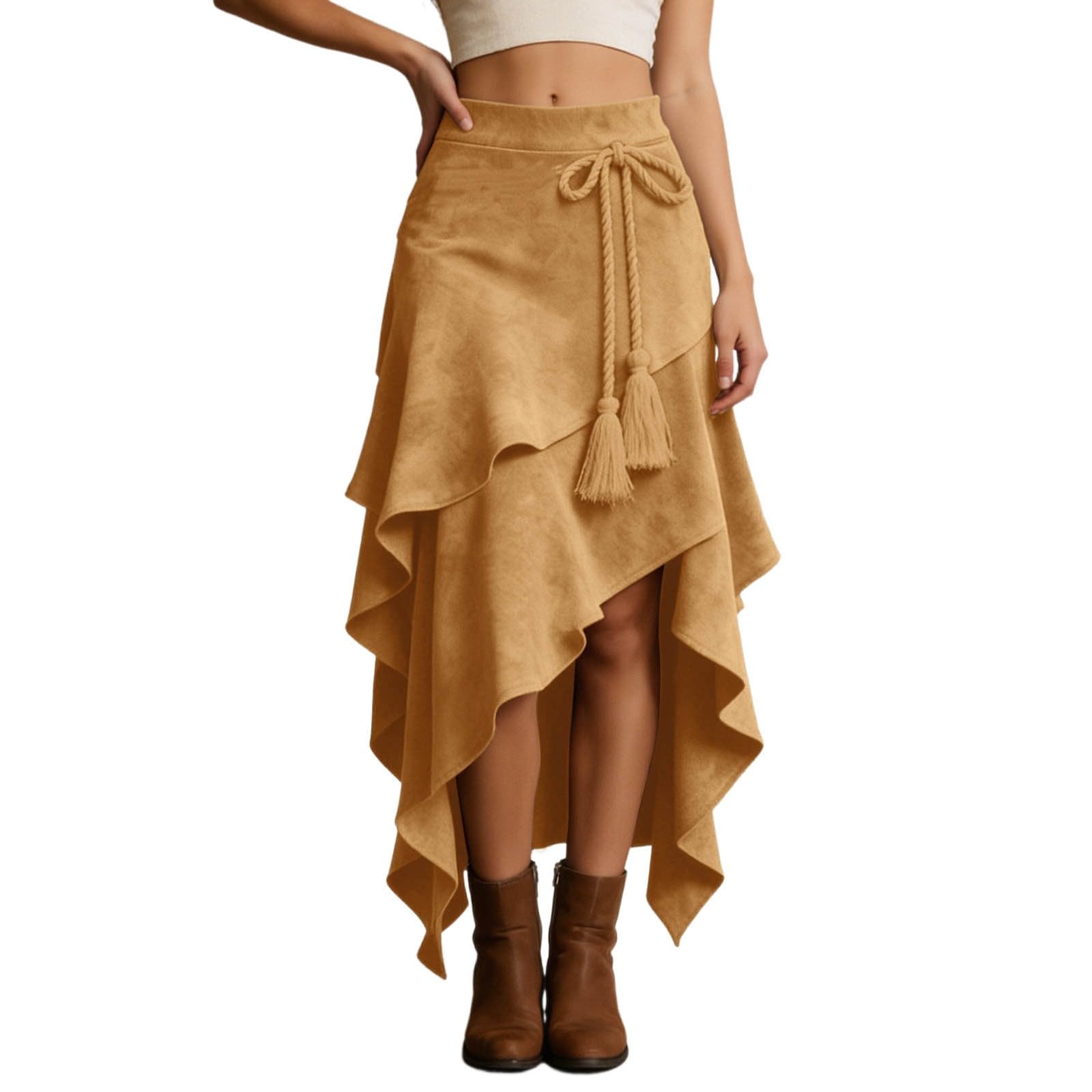 Falda de ante para mujer, falda tradicional vaquera, vintage, hippie, falda de vaquero occidental, dobladillo asimétrico, ropa gótica, falda acampanada, falda de cintura alta, falda de invierno