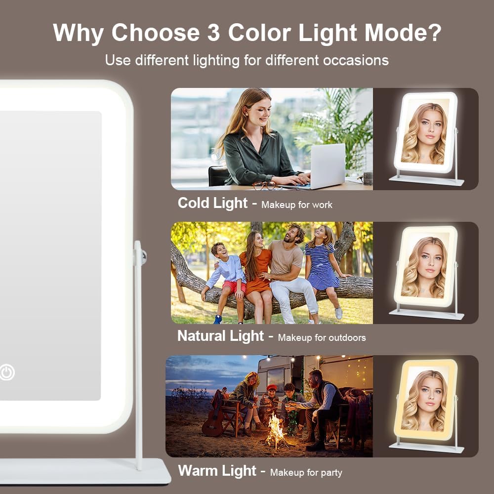 Rechargeable LED Vanity Mirror with Lights,11"×9" Small Desk Makeup Mirror with Lights,Smart Touch with 3-Color Lighting,Dimmable,for Birthday Gifts for Women,Home Dorm Decor - Image 4