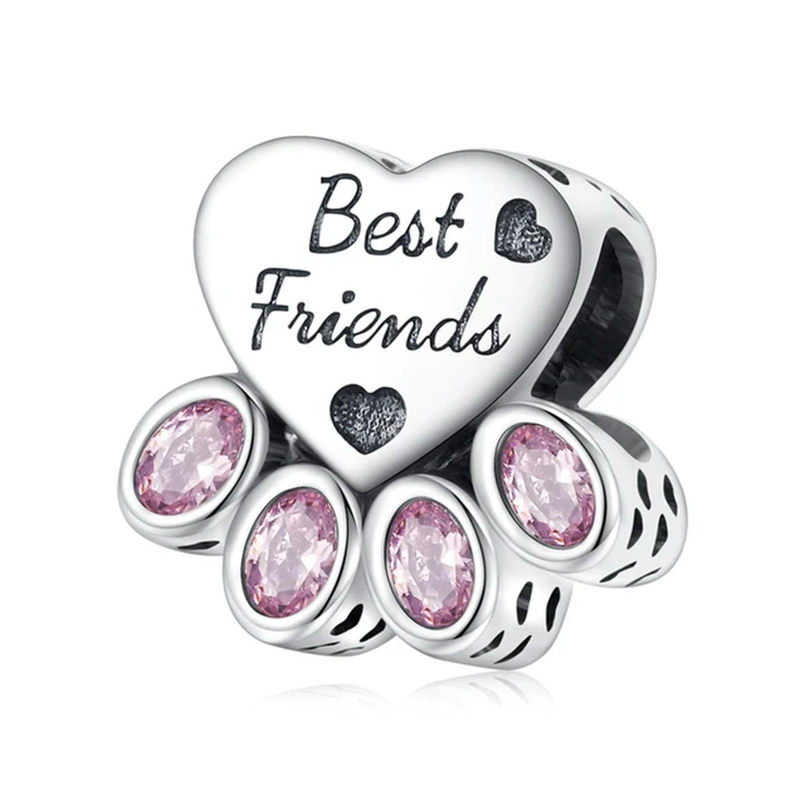Colgante de pata de mascota con circonita rosa en plata de ley 925, cuentas de perro en forma de corazón para pulsera y collar de mujer, bricolaje