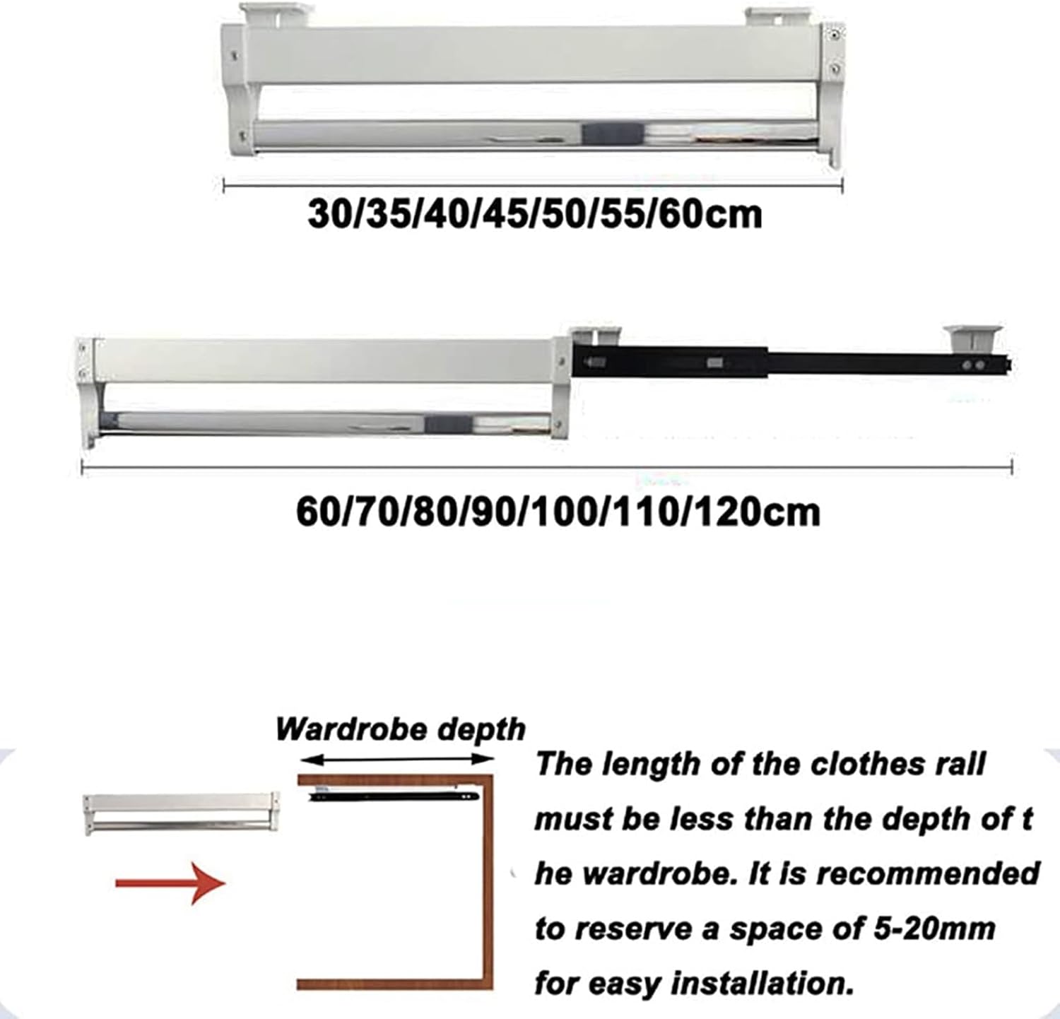 Extendable Pull Out Closet Rod - Wardrobe Pull-Out Trousers Rack, Extendable Clothes Rack for Wardrobe Walk-in Closet, Adjustable 30-60cm Clothes Rail, Metal Clothes Sliding Clothes Rail (Size : 300M