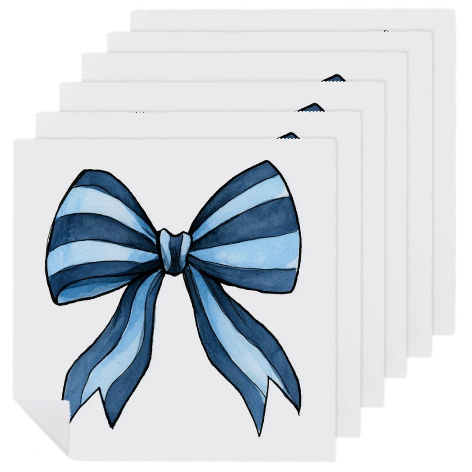 Navy Powder Blue Striped Bow with Ribbon Tails Cloth Napkins Set of 6, Square Premium Reusable Washable Polyester Table Linen Napkin for Dinner Party