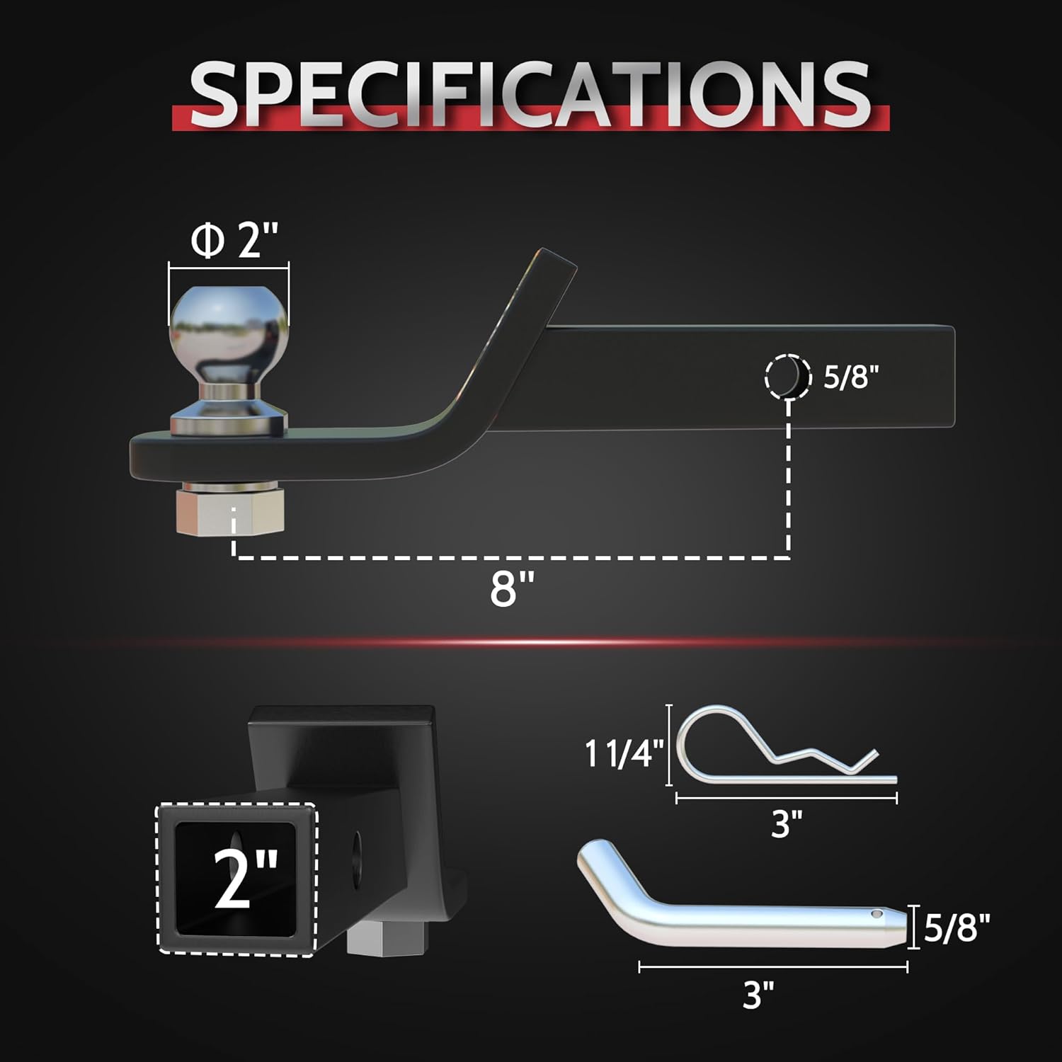 2 Inch Ball Trailer Hitch 2 in Drop Receiver Hitch with 2 in Shank & Hitch Pin for Truck Towing Ball Mount, 7,250 LBS GTW, Black