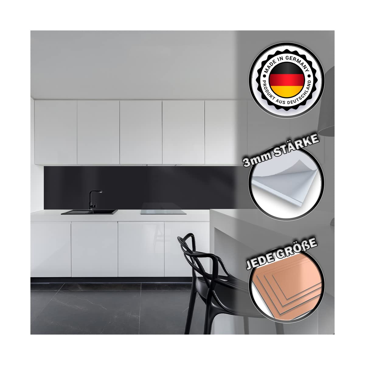 KeraBad Küchenrückwand aus Aluverbund, Spritzschutz Küche, 3mm dick, Schwarz, 50x100cm