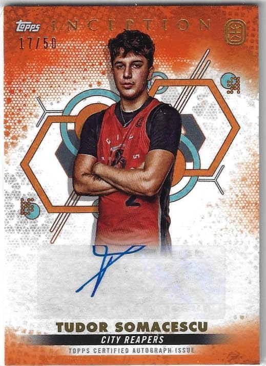 Tudor Somacescu Autographed & Serial Numbered #17/50 Orange Parallel Rookie Card Inception Collectible Basketball Card - 2023 Topps Inception OTE Basketball Card #IA-TS3 (City Reapers)