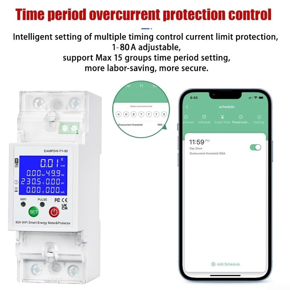 Misuratore di energia WiFi 80A con bidirezionale, sovra/sotto tensione e perdite, interruttore di controllo remoto solare domestico