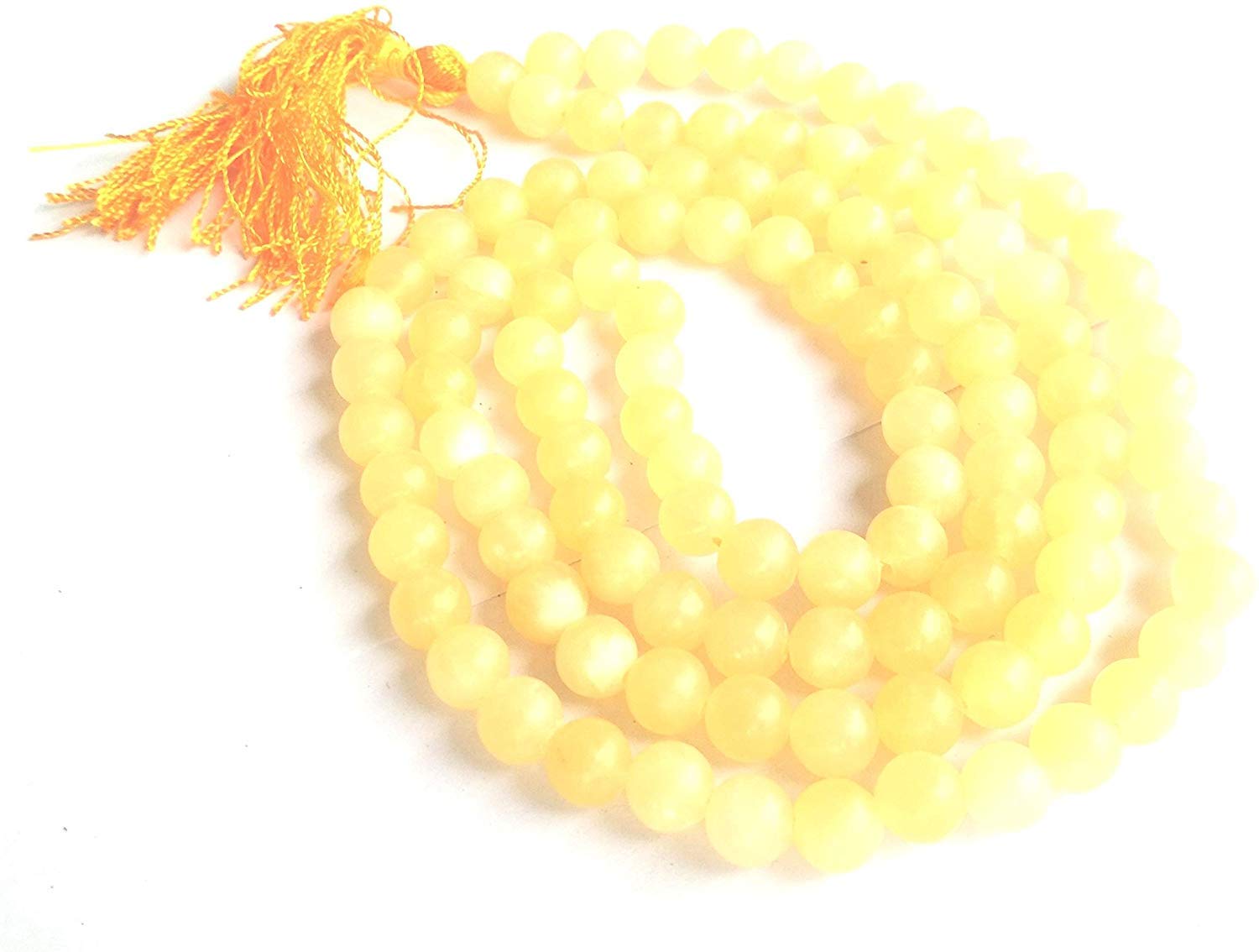 Natural AAA Yellow Calcite 108 Mala Necklace| Yellow Calcite Mala|108 Prayer Beaded Mala Necklace| Hand Knotted Mala Bracelet | Japa Mala| 8mm Round Beads| Meditation Tassel...