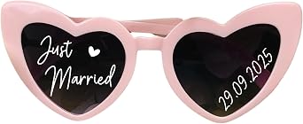 Custom Heart Shaped Sunglasses Wedding Bachelorette Party Favors for Guests | Personalized favor sunglasses for bridal shower, quinceanera & photo booth; Just Married bride squad party glasses