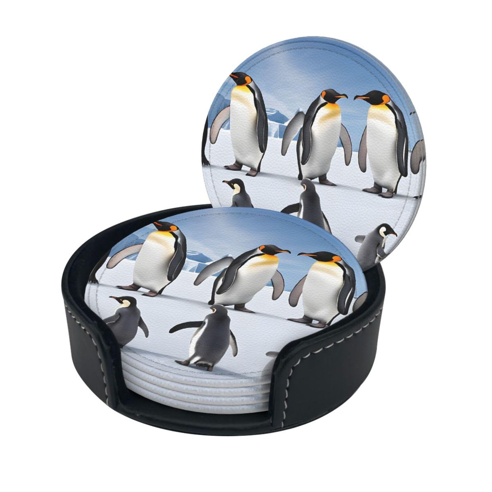 Penguin Print Coaster,Round Leather Coasters with Storage Box for Wine Mugs,Cold Drinks and Cups Tabletop Protection (6 Piece)