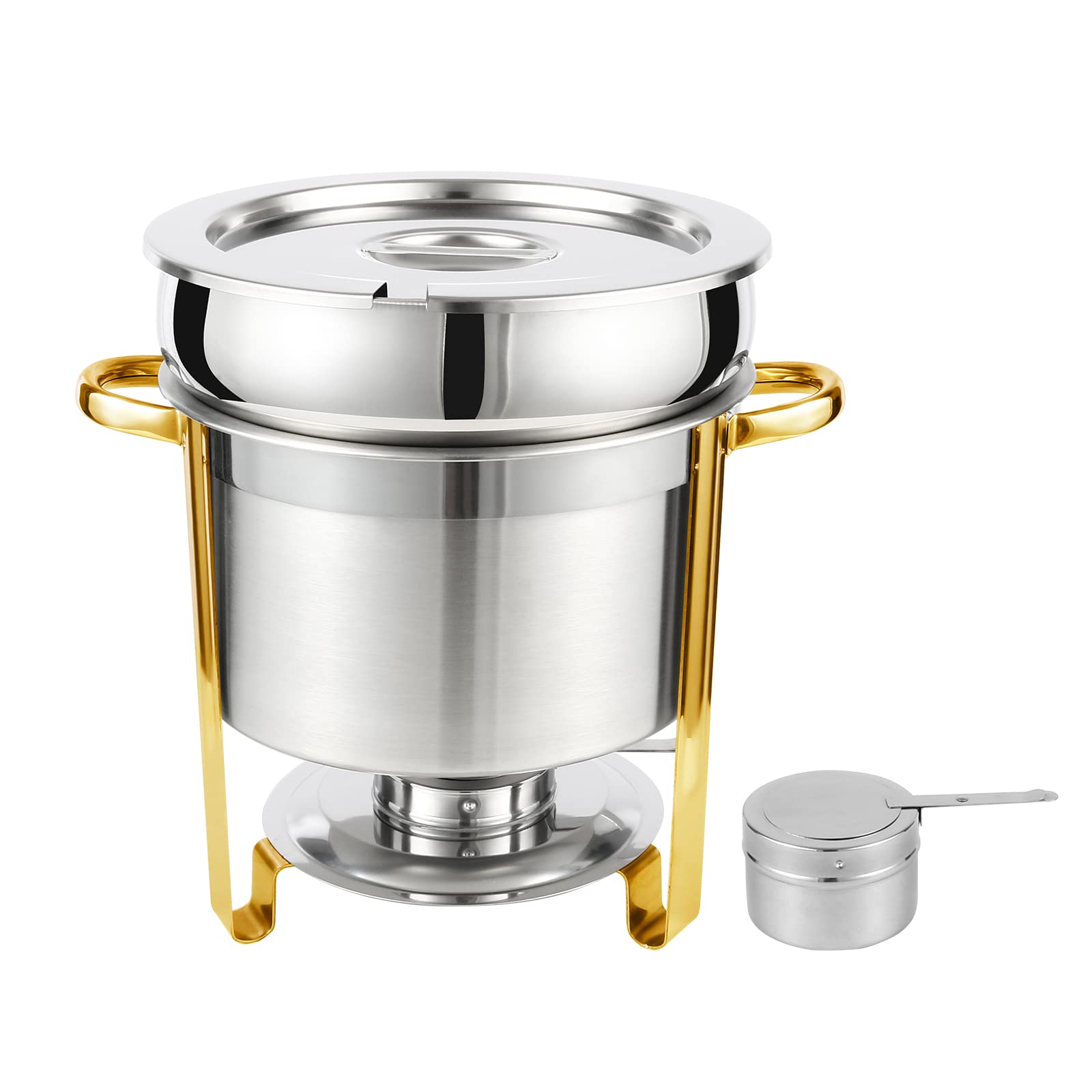 Restlrious Soup Chafer 11 QT Stainless Steel Round Soup Warmer, Large Marmite Soup Chafer with Pot Lid and Fuel Holder in Gold Accent, for Catering Parties Events Banquets, Commercial Grade 1 Pack